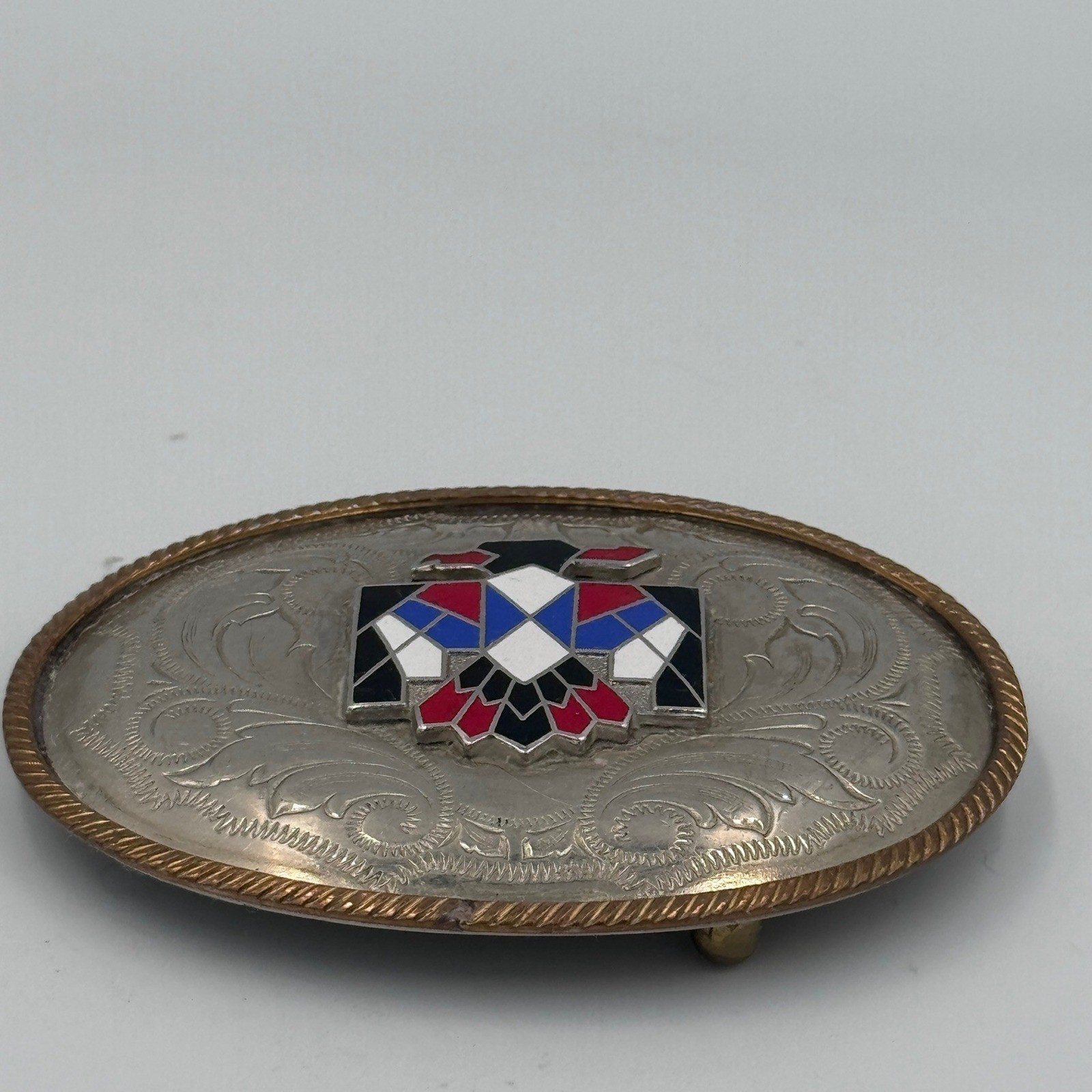Vintage German Silver Thunderbird Belt Buckle Western Enamel Floral Engraved