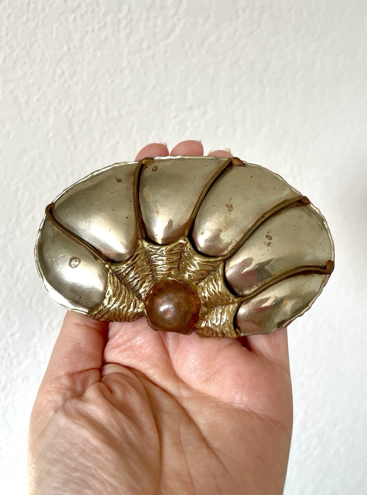 Vintage Brass Pearl Shell Belt Buckle Mixed Metals Brutalist Sea Life Unusual