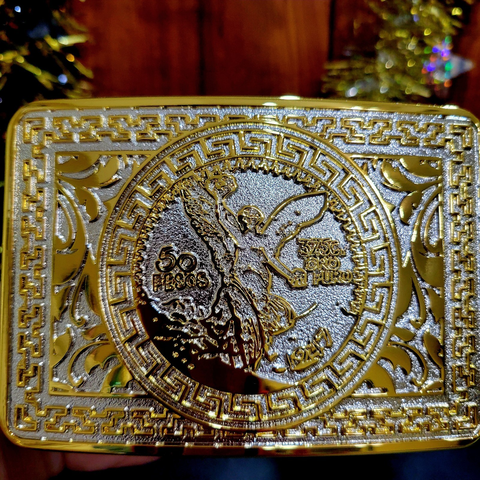 Centenario Cowboy Belt Buckle Western Hebilla Rodeo Silver & Gold Faux 50 Peso