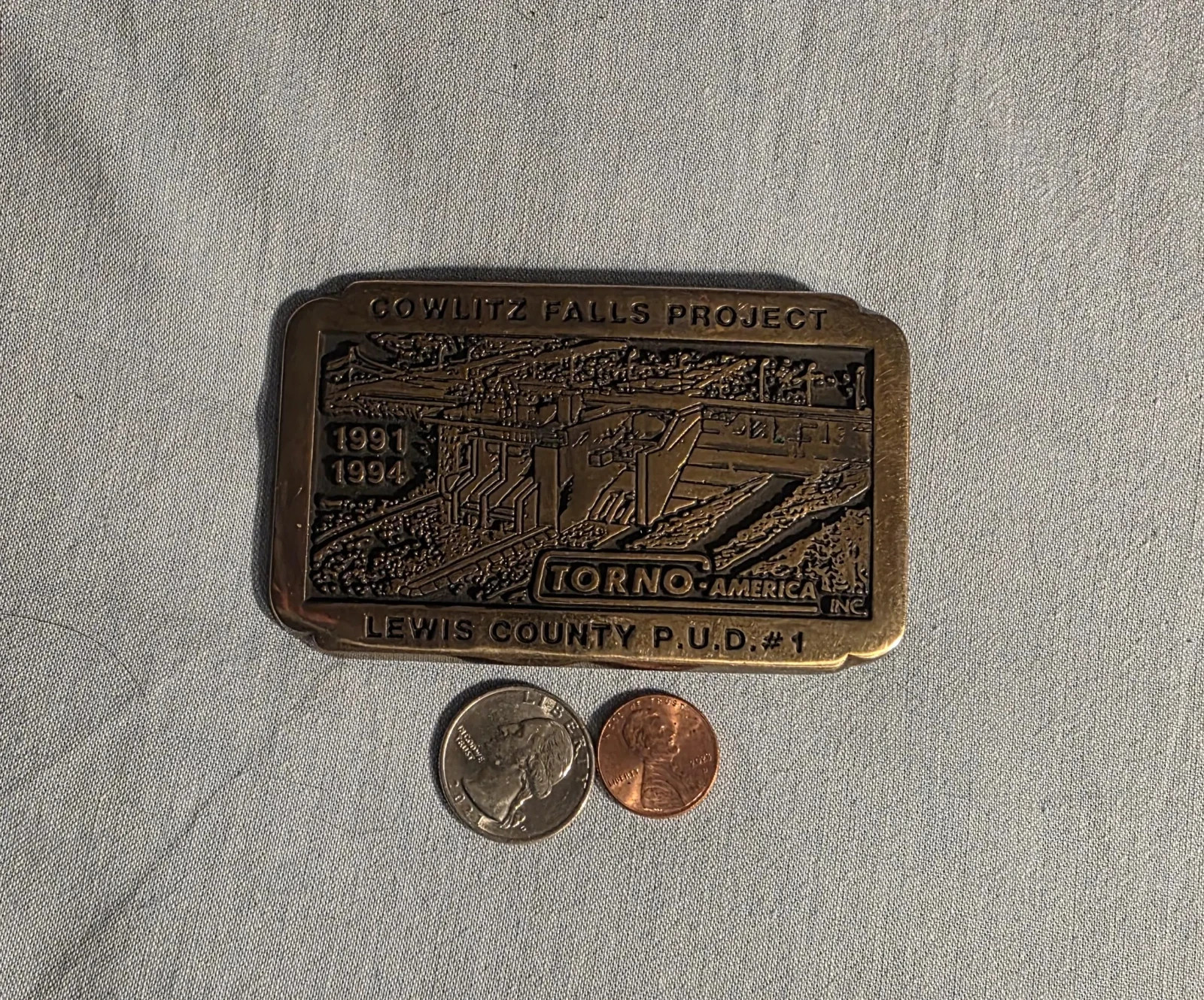 Vintage 1992 Metal Belt Buckle, Brass, Cowlitz Falls Project, Torno, Lewis Count