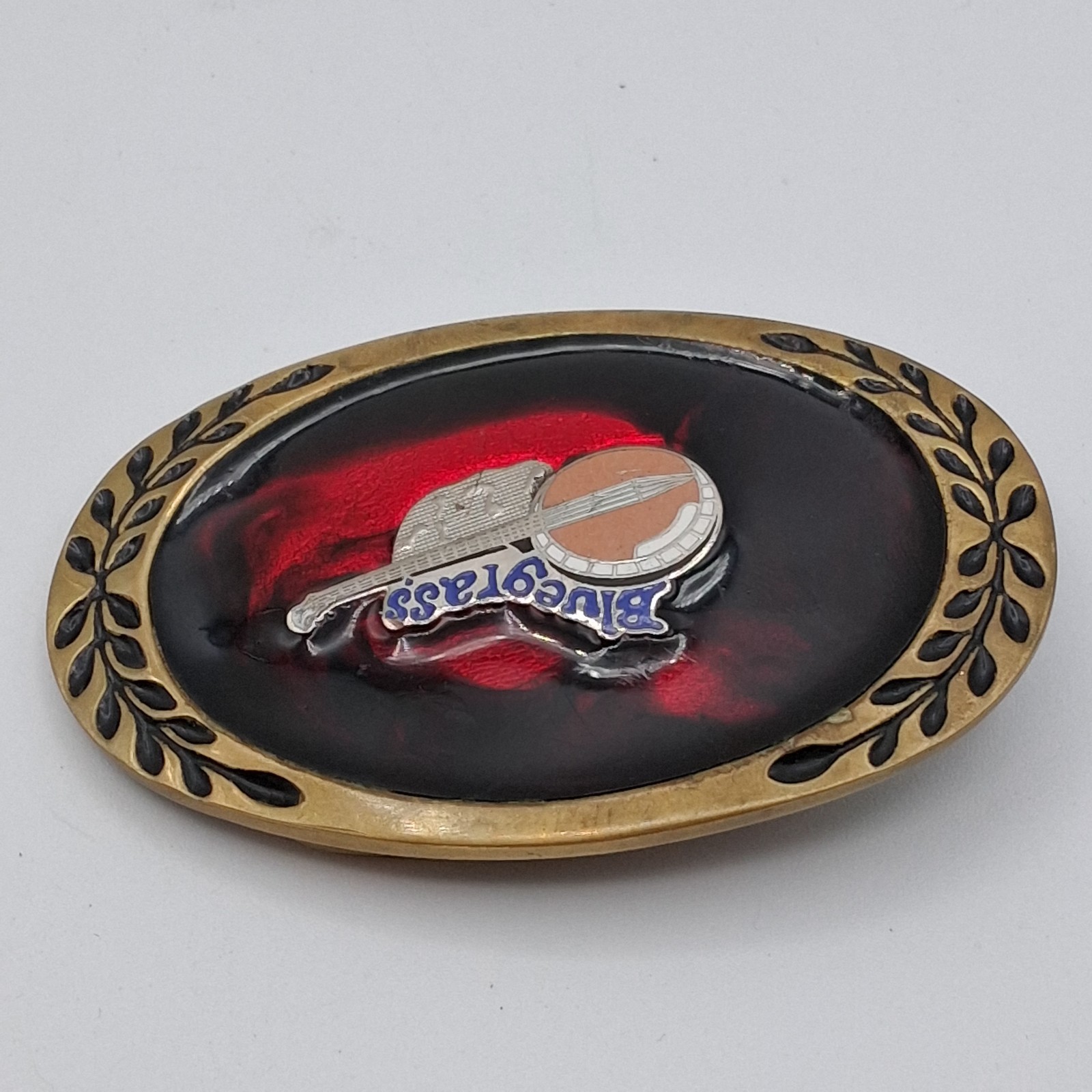 Vintage Bluegrass Belt Buckle Brass 3D Bango Red Enamel Inlay Blue Script Rare