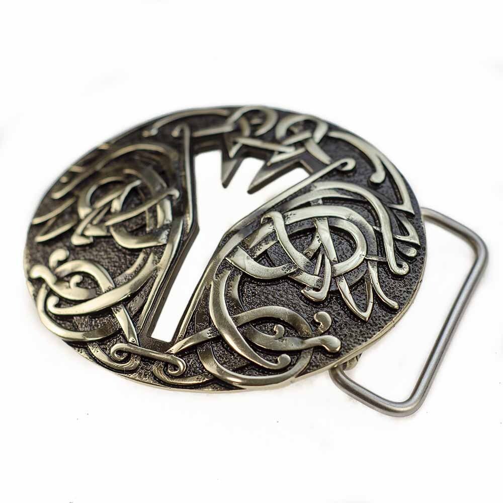 Runic german silver belt buckle Algiz, Life Rune Celtic Old Norse Scandinavian