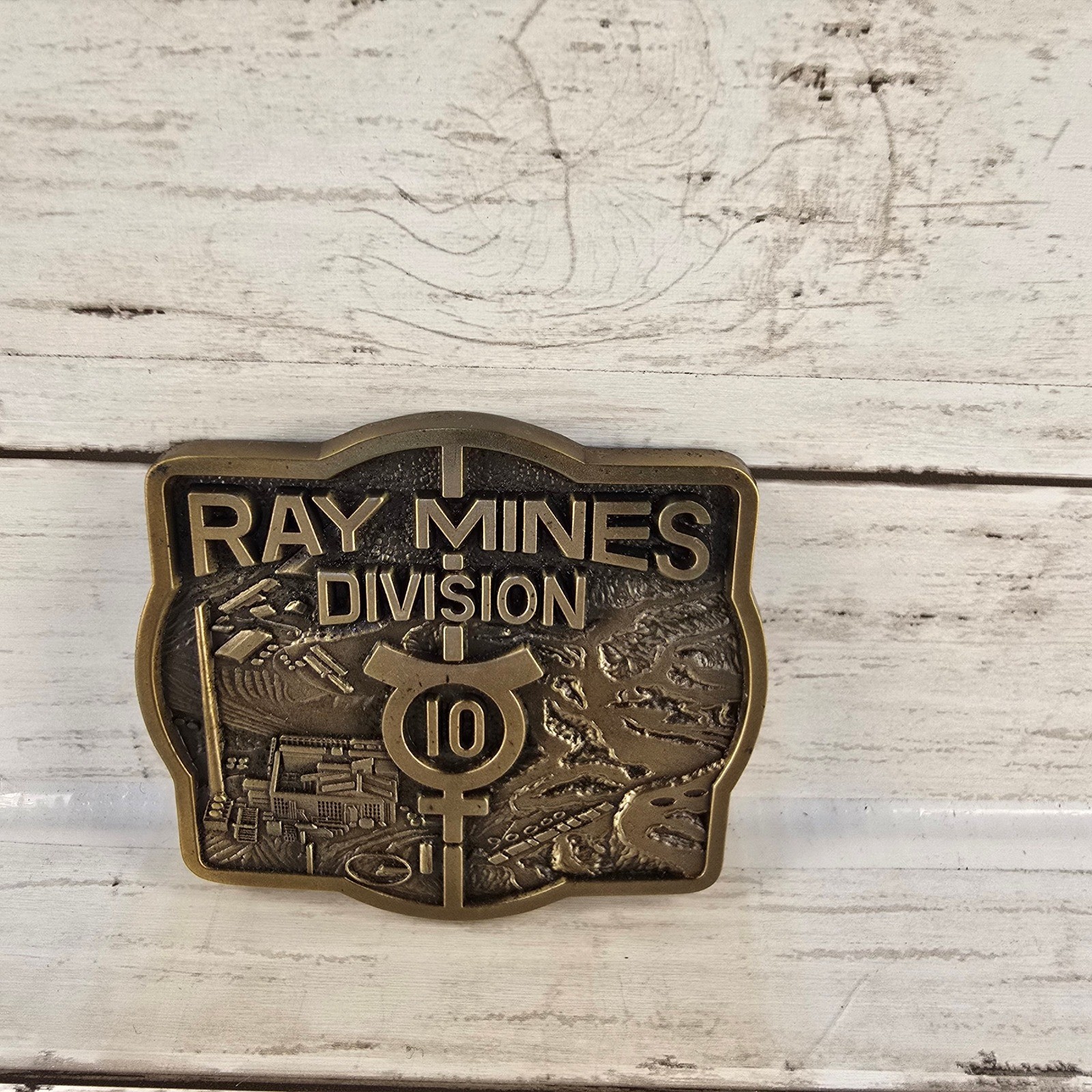VTG Jostens Ray Mines Division 10 Brass Belt Buckle Mining Memorabilia Bronze