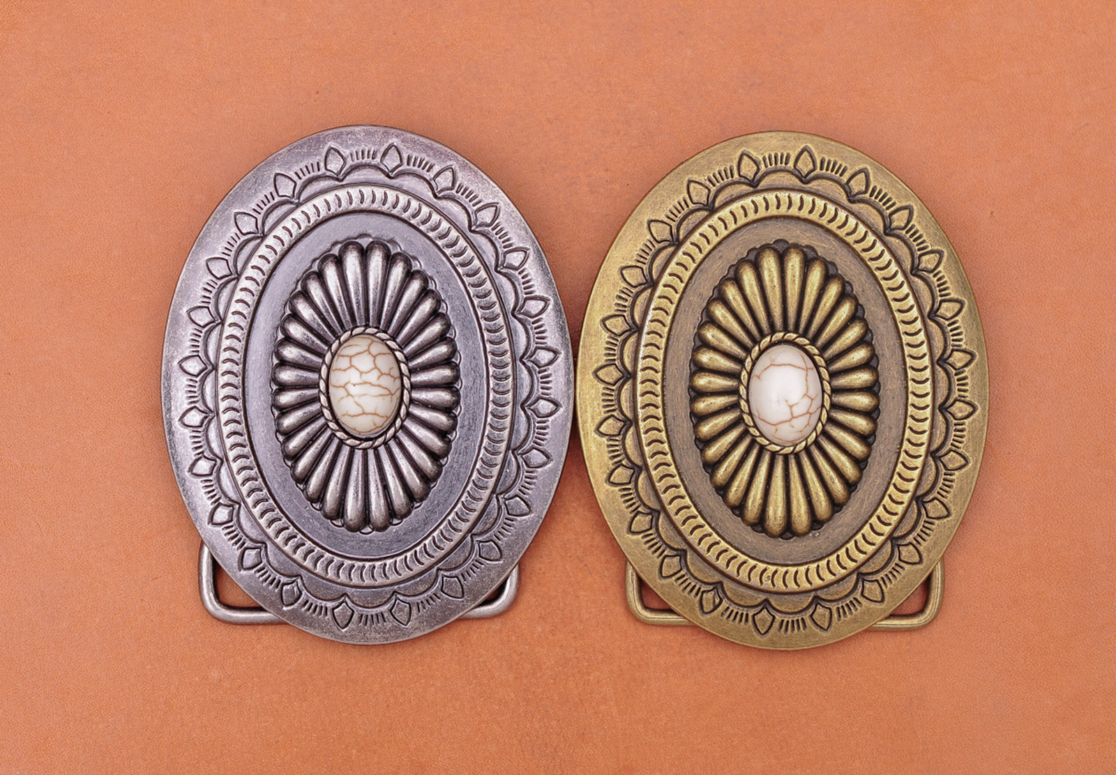 Antique Brass Western cowboy Flower Pattern Turquoise Leathercraft Belt Buckle