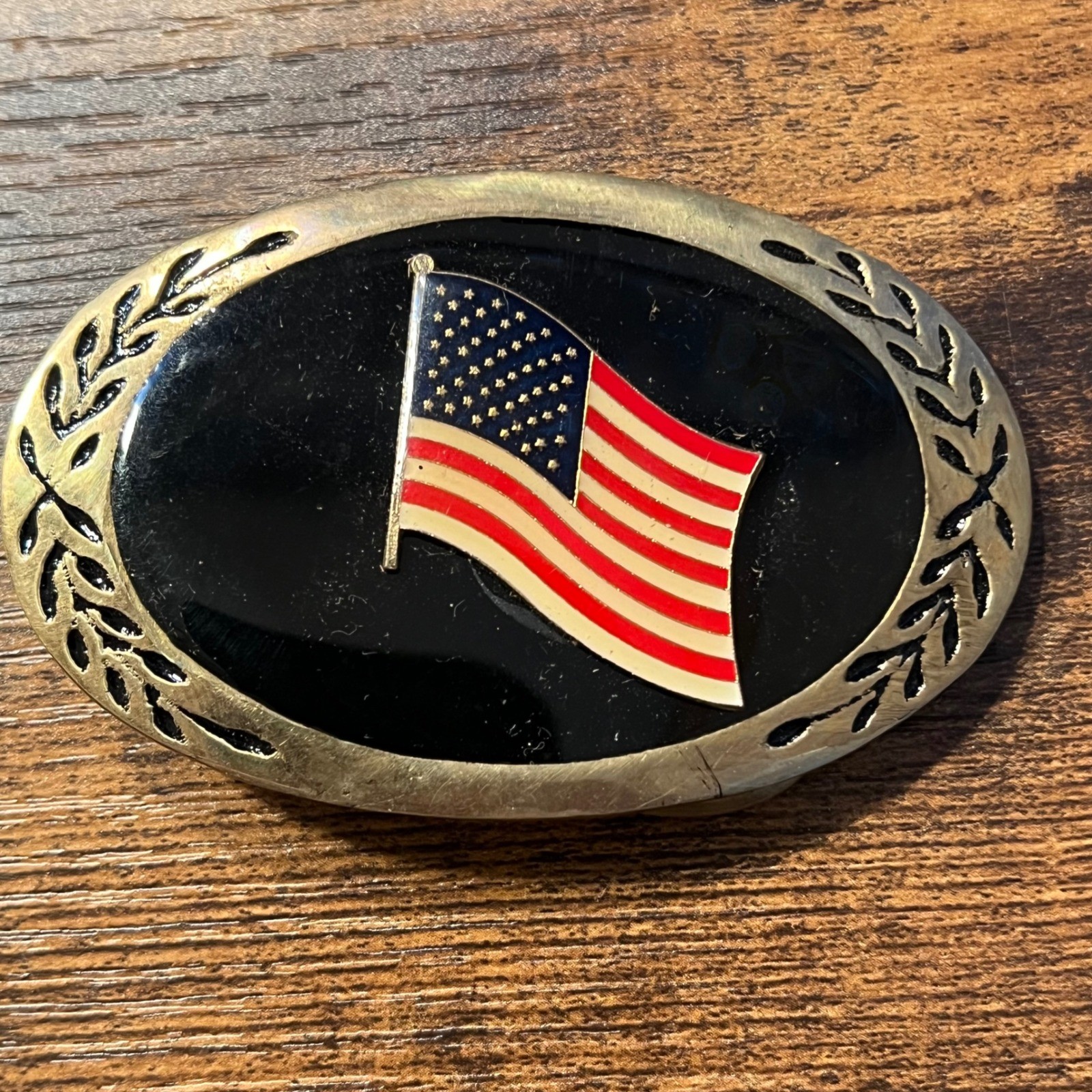 Vintage American Flag Belt Buckle Oval Brass Tone Black Enamel Patriotic USA B19
