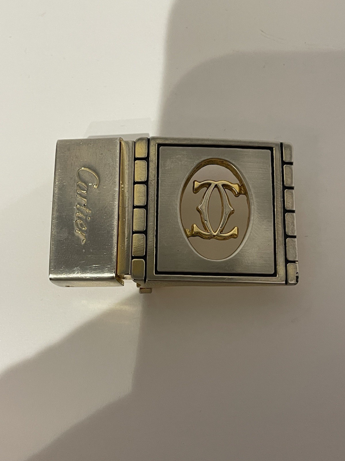 Vintage Cartier Double C Reversible Leather Belt Gold Silver Tone Buckle Black