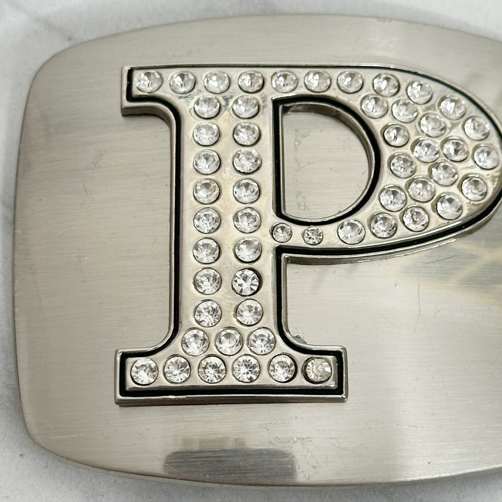 Rhinestone Letter P Monogram Belt Buckle Silver Tone Initial