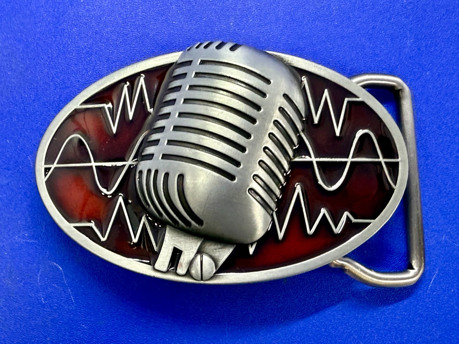 Retro Music Elvis Style Microphone Red Enameled Musician Ribbon Mic Belt Buckle