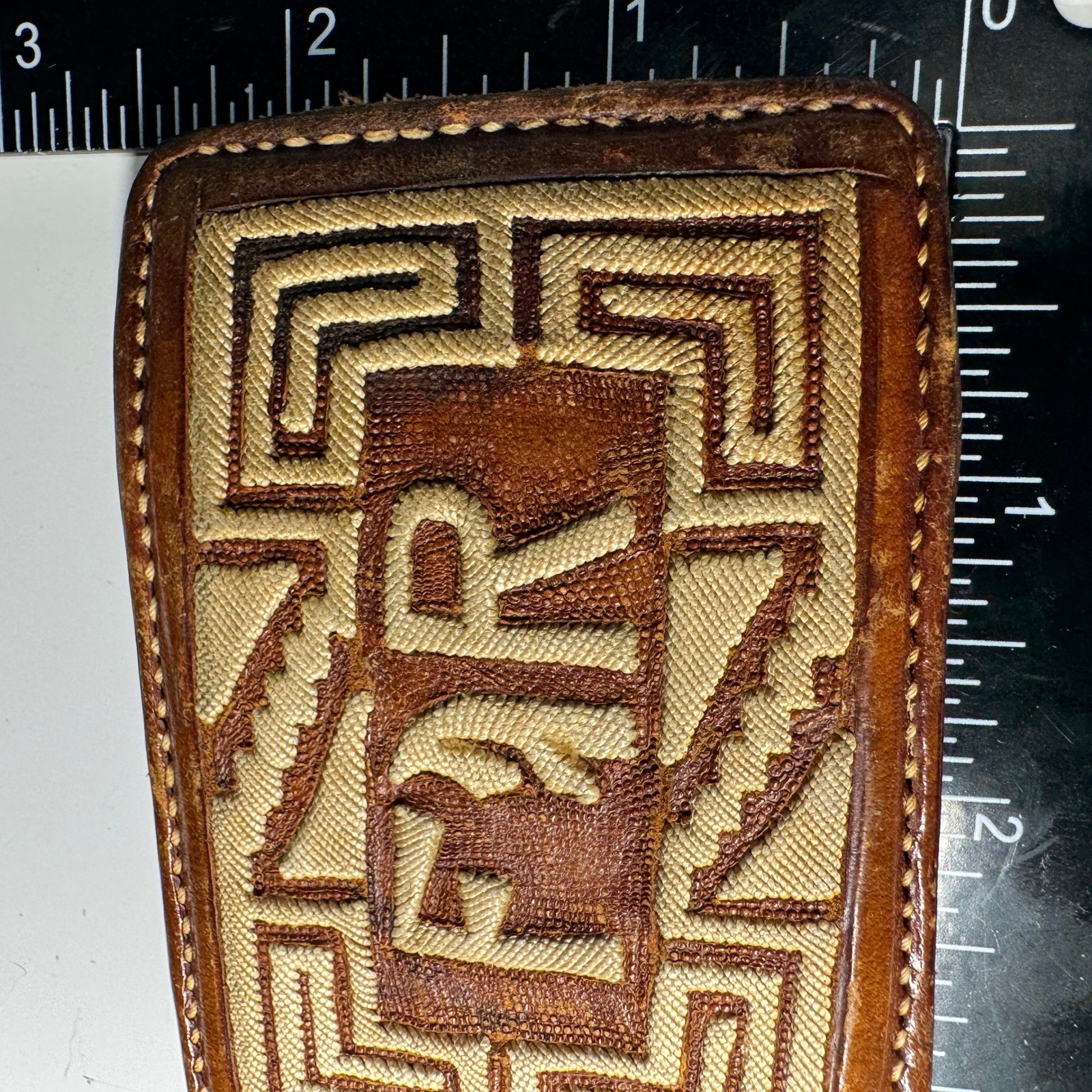 Vintage Leather Belt Buckle Western Style Geometric Embroidered F R