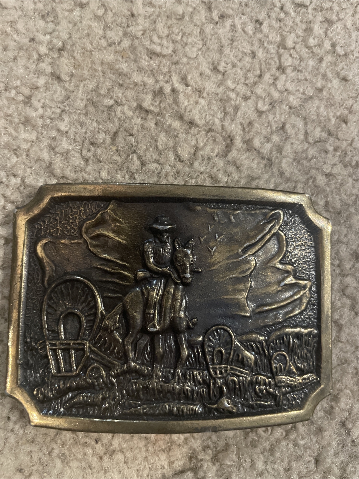 Vintage1970’s Brass Cowboy Western Covered Wagon Caravan Belt Buckle
