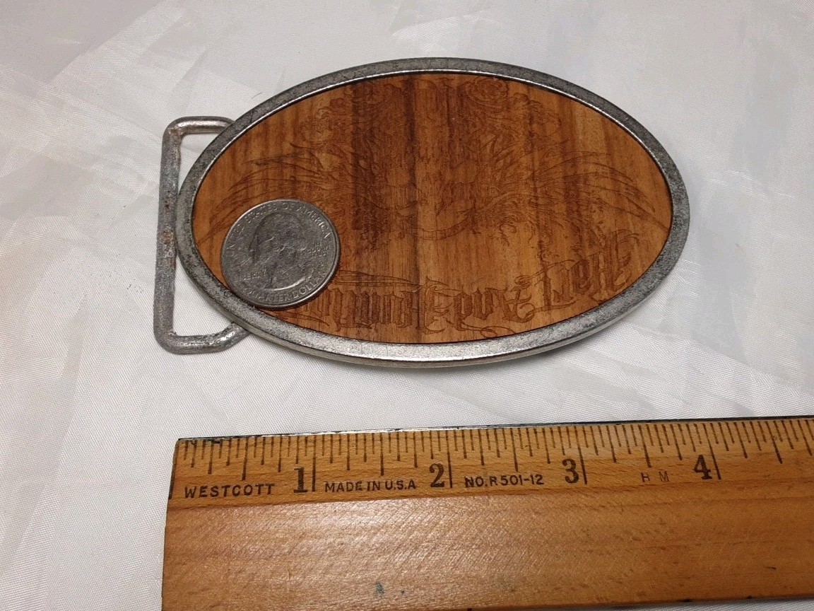Belt Buckle Silver Tone Hart & Huntington Tattoo Co. Etched Wood Skull Wings
