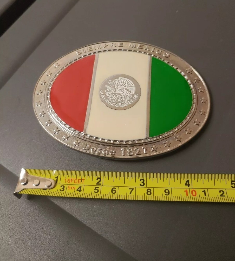 Viva Mexico Mexican Flag Red White Green Eagle Coat of Arms Silver Belt Buckle