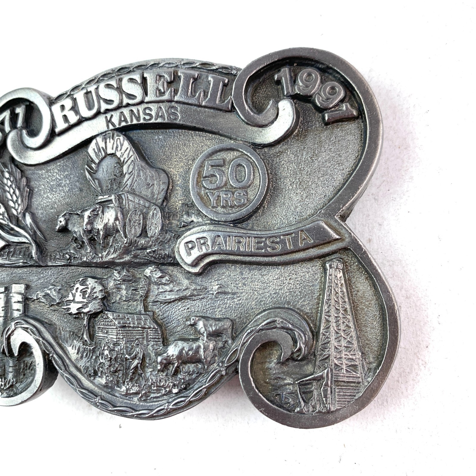 Vintage Dart Russell Kansas 50 Years Prairiesta Western Metal Belt Buckle 19/500