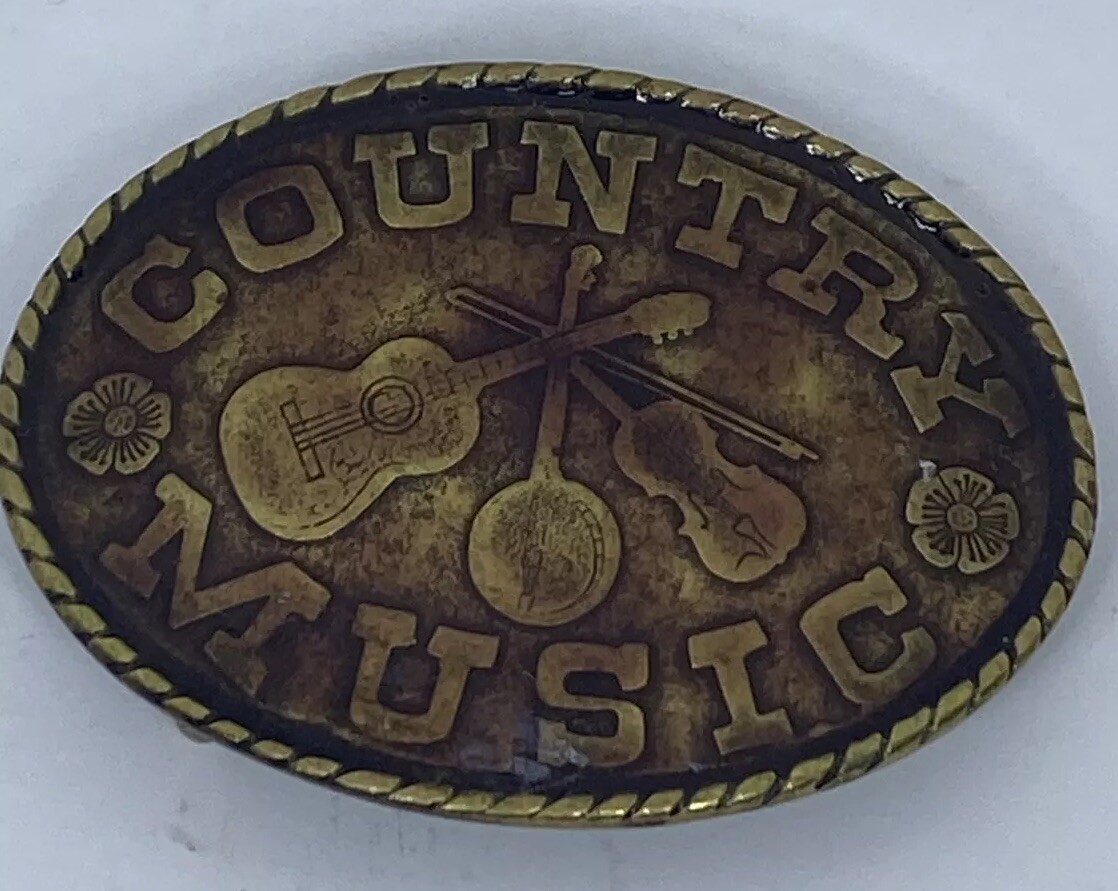VTG Country Music Enamel Solid Brass Oval Belt Buckle Music