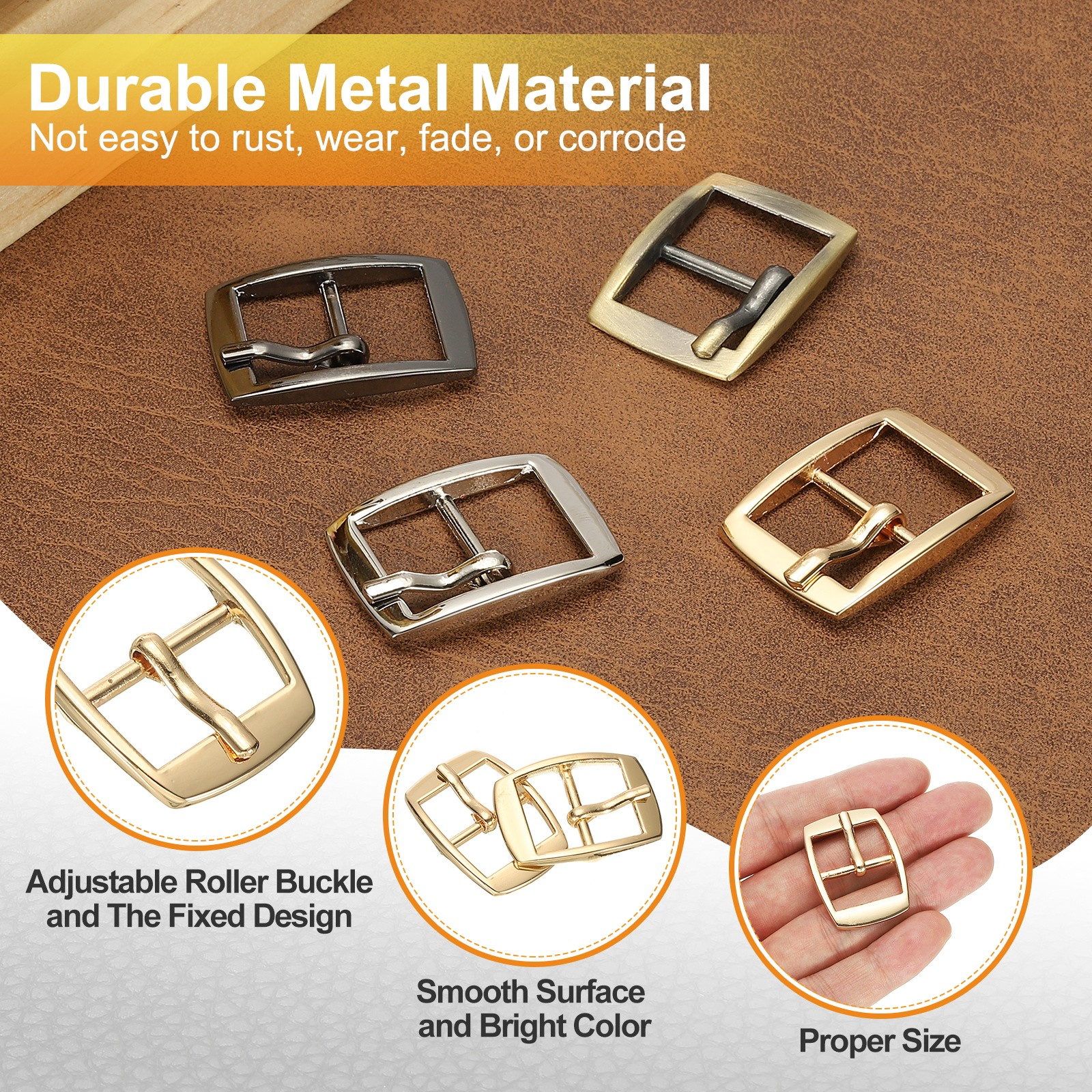 6 Pcs 0.8 Inch Single Prong Buckles Square Center Bar Buckles, Gold Tone
