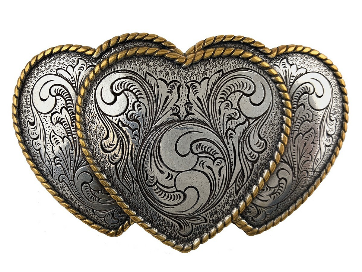 WESTERN ANTIQUE GOLD ROPE EDGE TRIPLE HEART ENGRAVED BELT BUCKLE