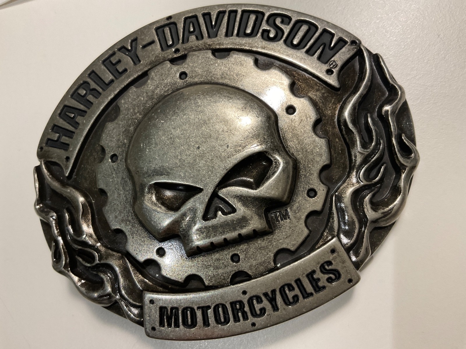 Harley-Davidson Willie G Skull, flame belt buckle #97669-11VM .Antique nickel .