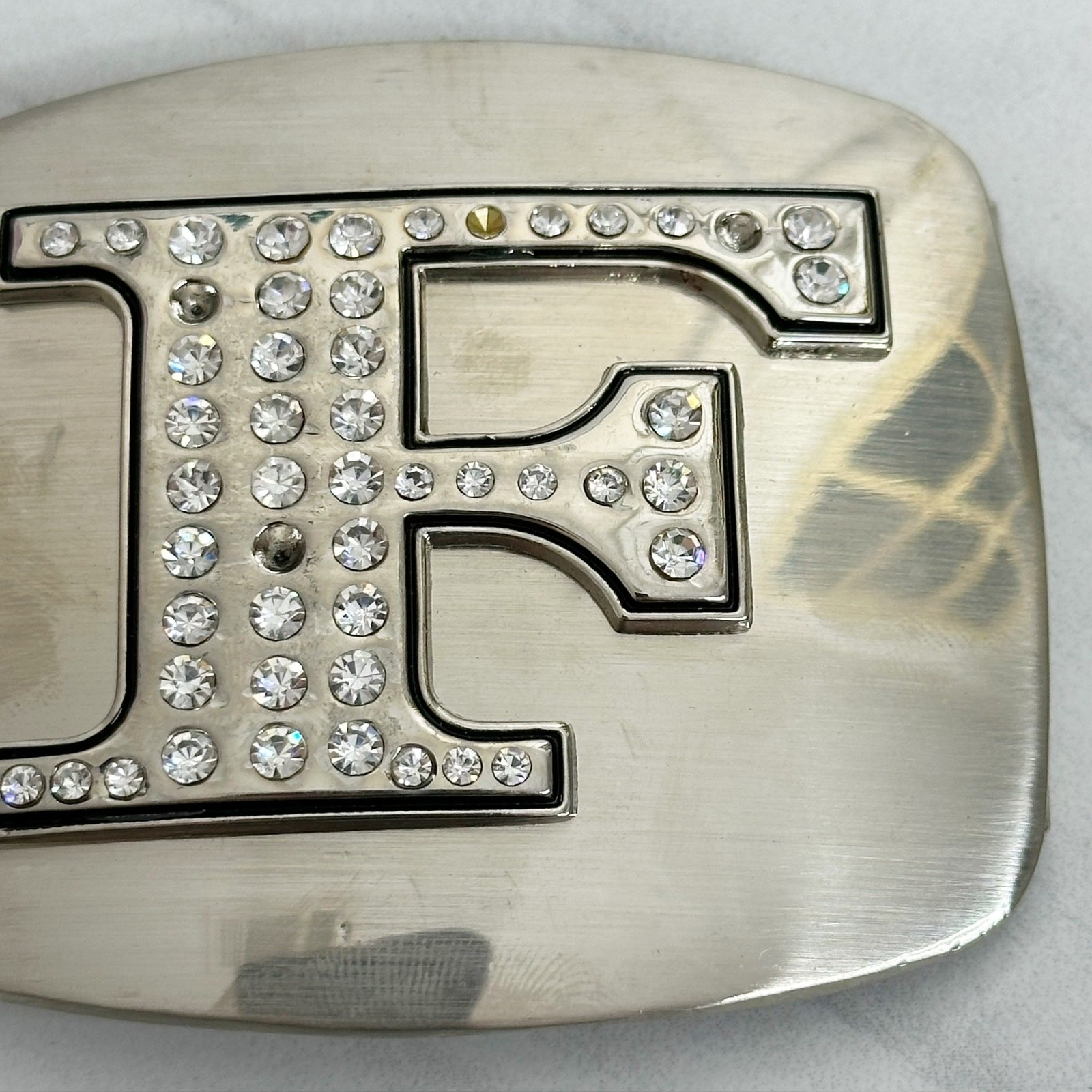 Rhinestone Studded F Letter Initial Monogram Silver Tone Belt Buckle