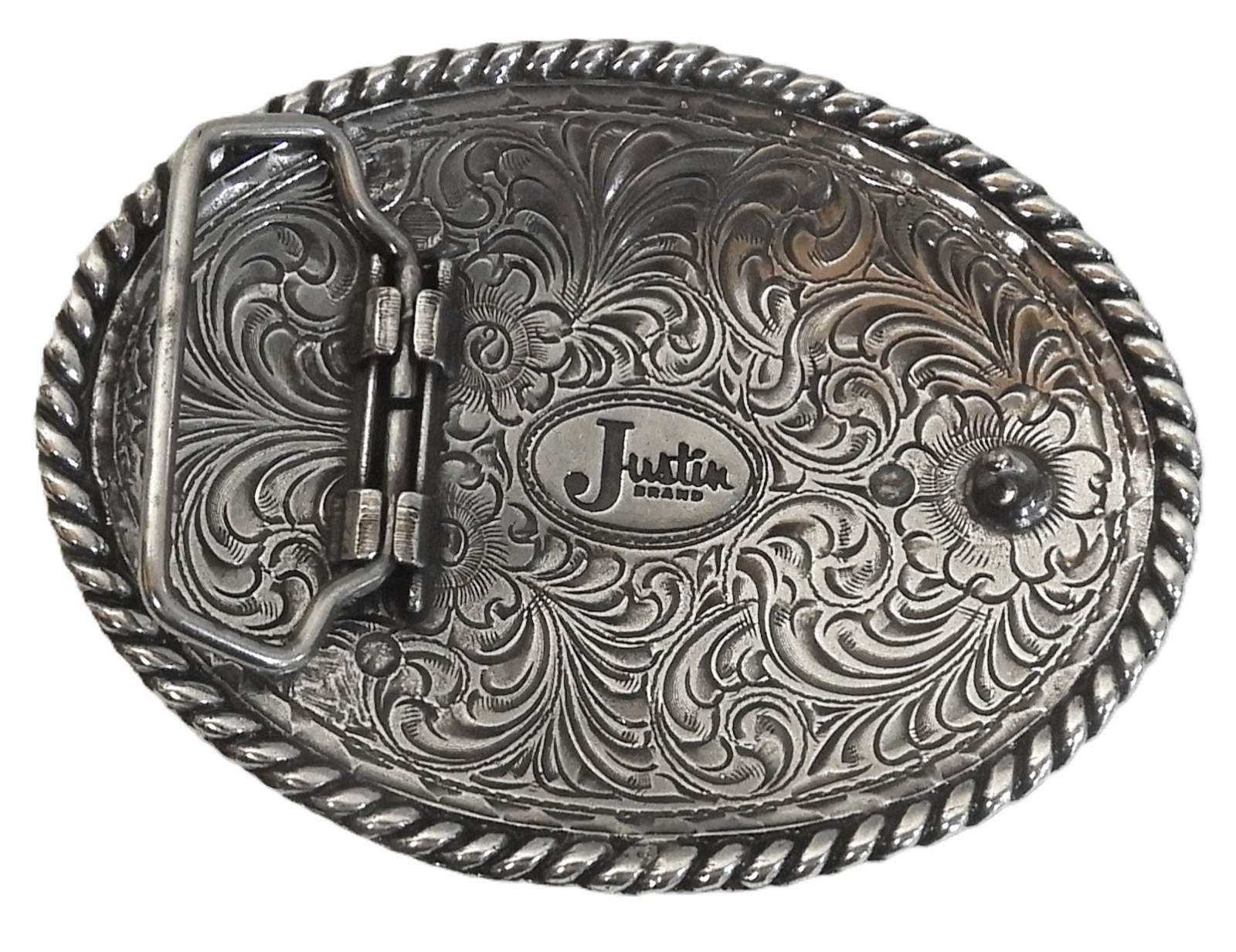 Justin Brand Western Belt Buckle, Silver-tone metal, cowboy, cowgirl 3.75 x 3&Prime;
