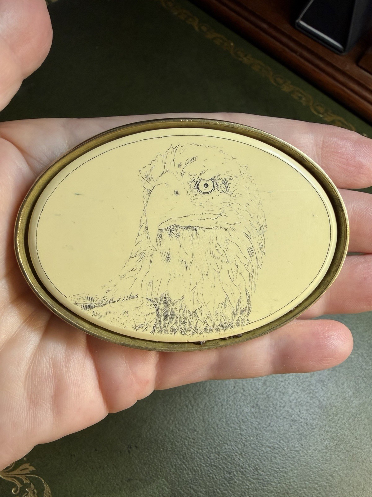 Vintage BARLOW Solid Brass Belt Buckle Bald Eagle Scrimshaw Style Southwestern