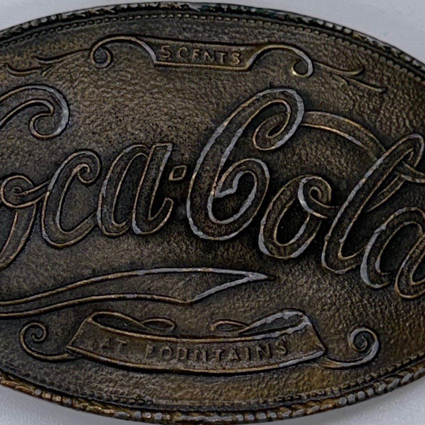 Vintage Coca-Cola Belt Buckle Brass/Bronze Tone Oval 5 Cents At Fountains Mens