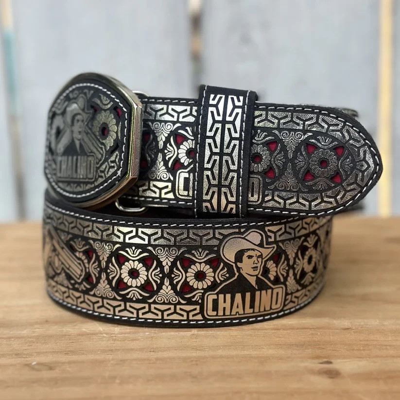 Genuine Laser Cut Leather Chalino Western Belt with Removable Buckle – Silver