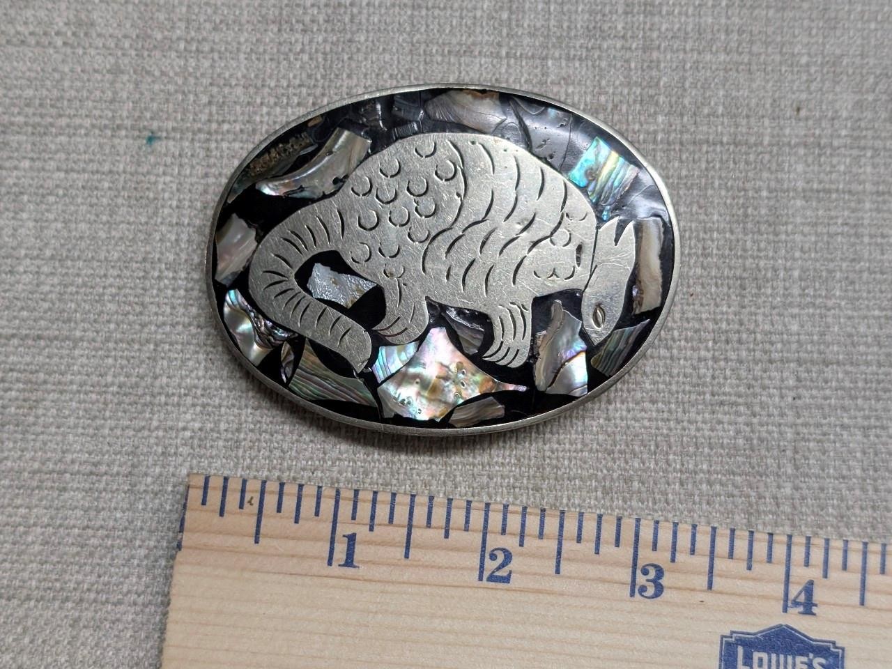 vintage HANDCRAFTED belt buckle ARMADILLO german silver ABALONE western nickel
