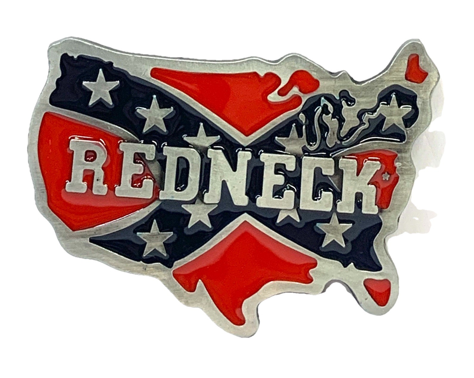 Redneck USA Map Belt Buckle Pewter & Enamel 4”x 2.5” Fits Up To 1.75” Belt 18