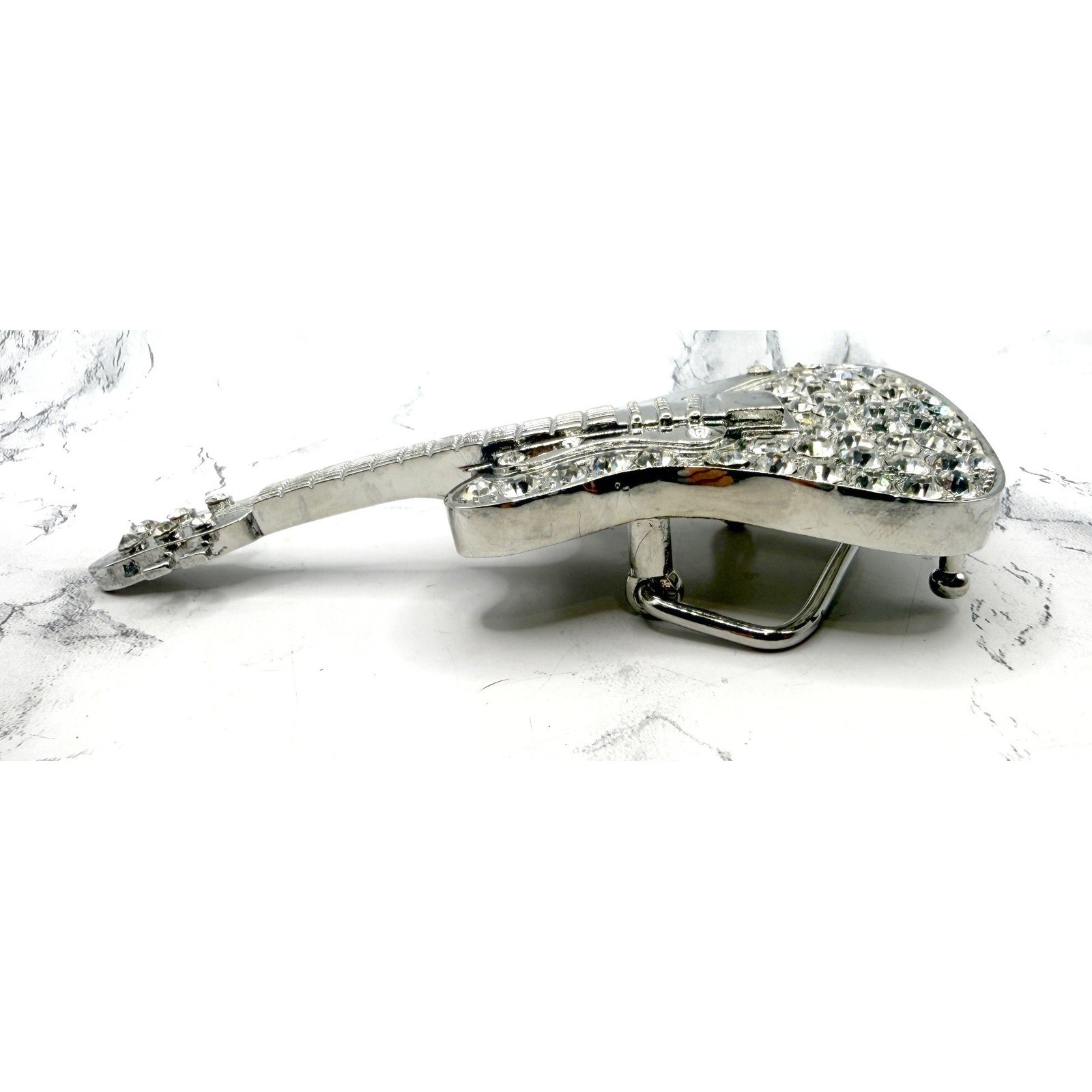Rhinestone Guitar Belt Buckle Silver Tone Western Rock Music 5&Prime; Fits 1.5&Prime; belt