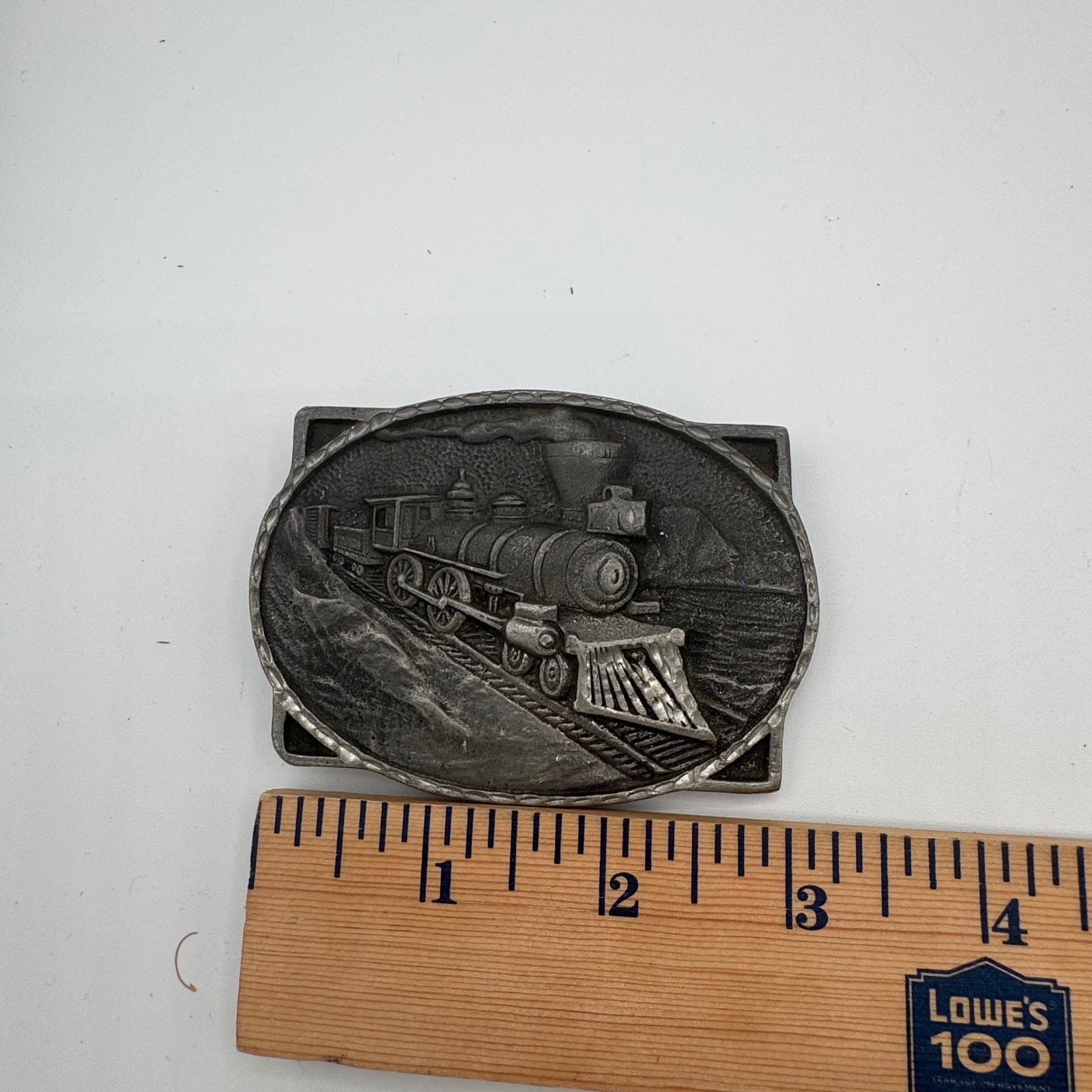 Vintage Steam Locomotive Train Belt Buckle Pewter Tone Railroad Mountain Scene