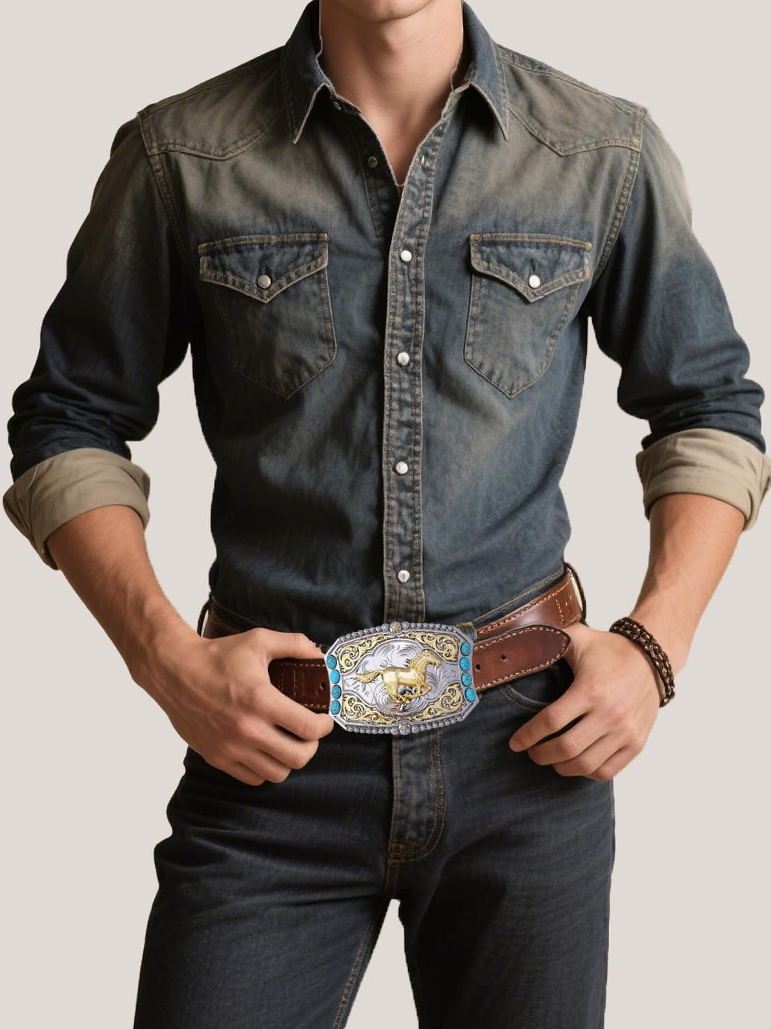Cowboy Style Belt Buckle for Men Western Buckles with Horse and Turquoise Vin…
