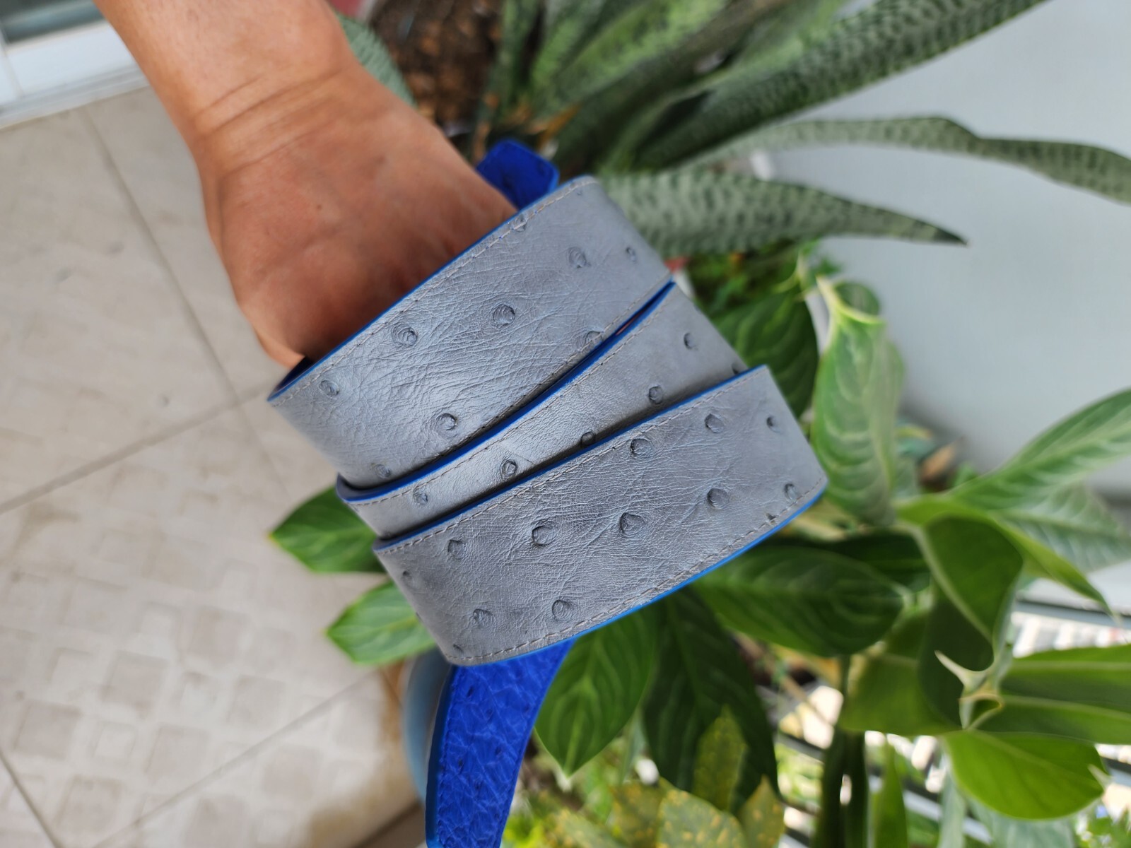 3.8CM Gray/Blue 100% Genuine Ostrich Leather Skin Men Belts Buckle-Handmade