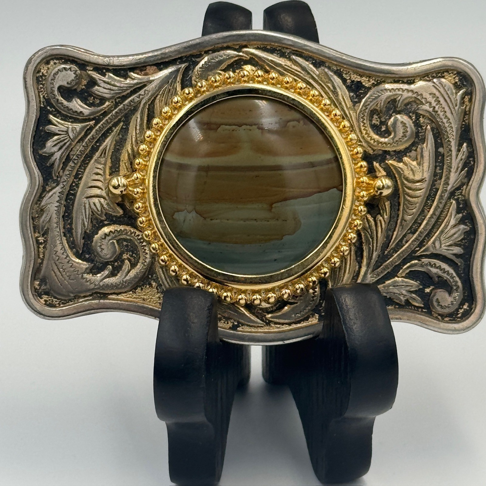 Vintage Western Belt Buckle Two Tone Stone Center