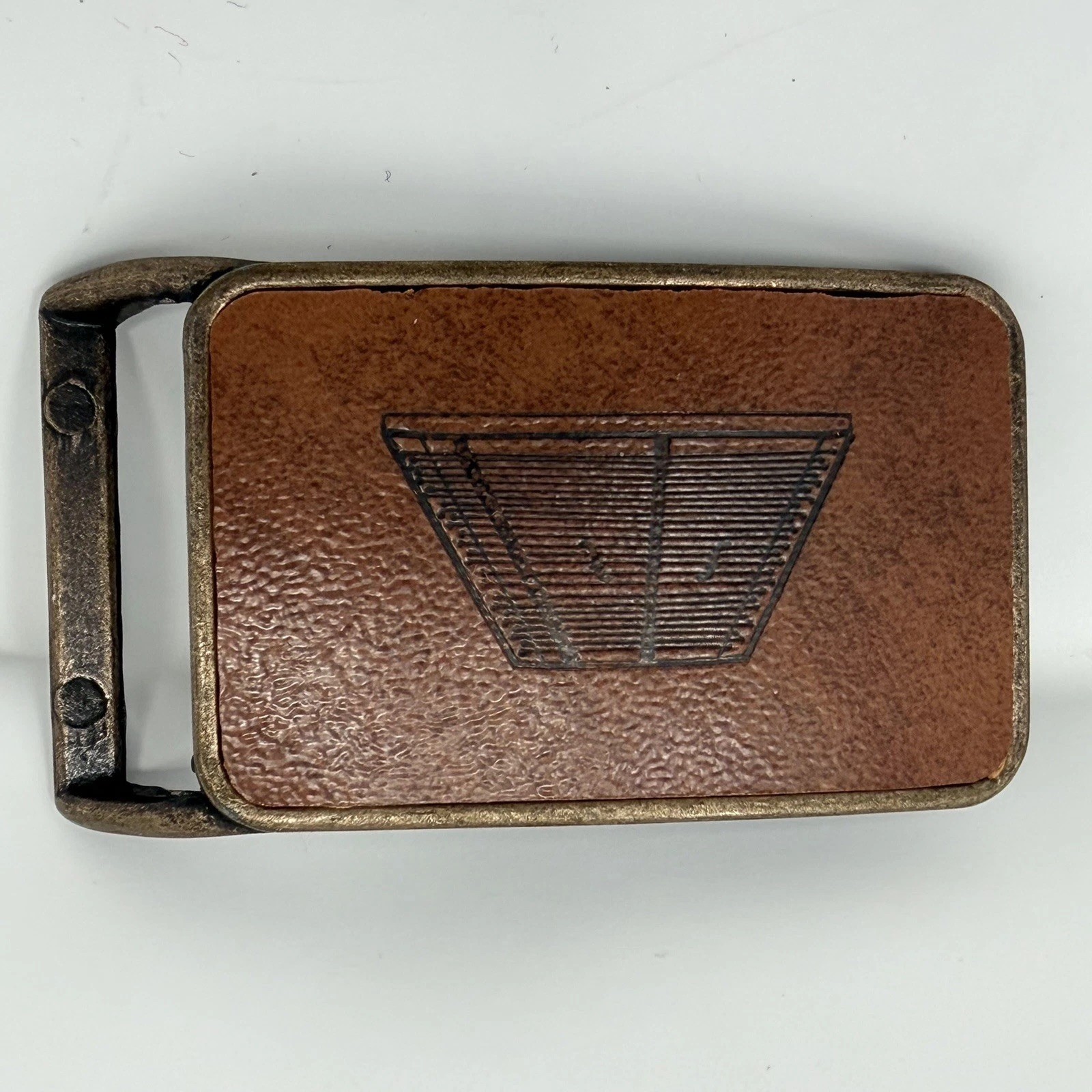Vintage Tennis Court Belt Buckle Brass Tone Leather Inlay Jim Tait Engraving 70s