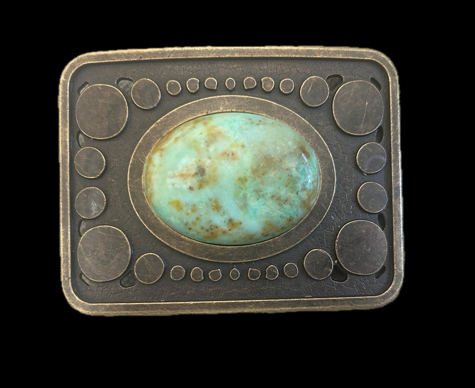Vintage Teal Stone Belt Buckle Antique Gold Bronze Brass Turquoise Agate Inlay