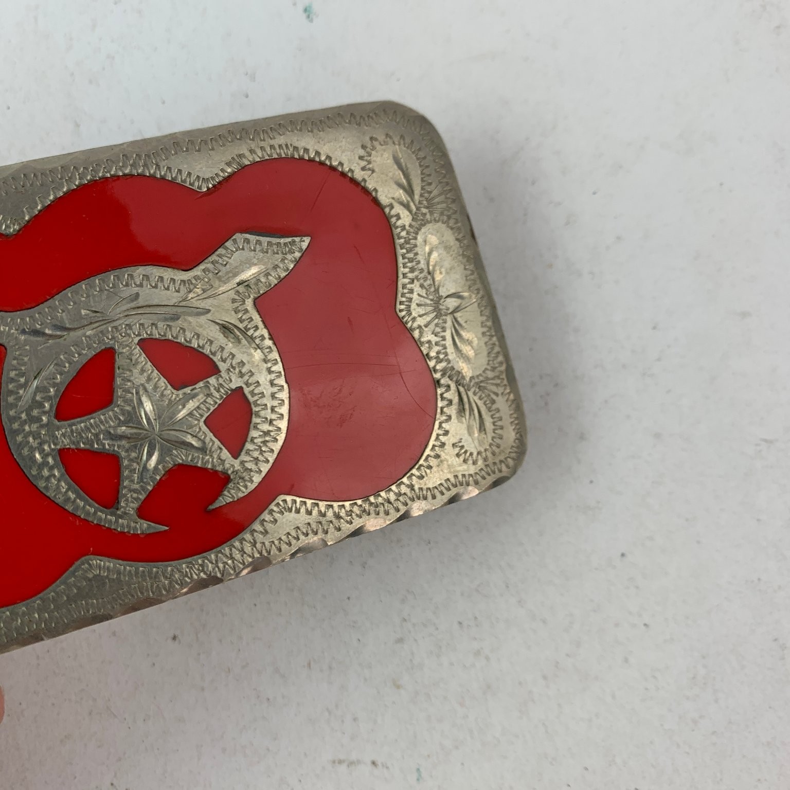 Shriner Masonic Western Flair Belt Buckle Red Silver Hand Engraved