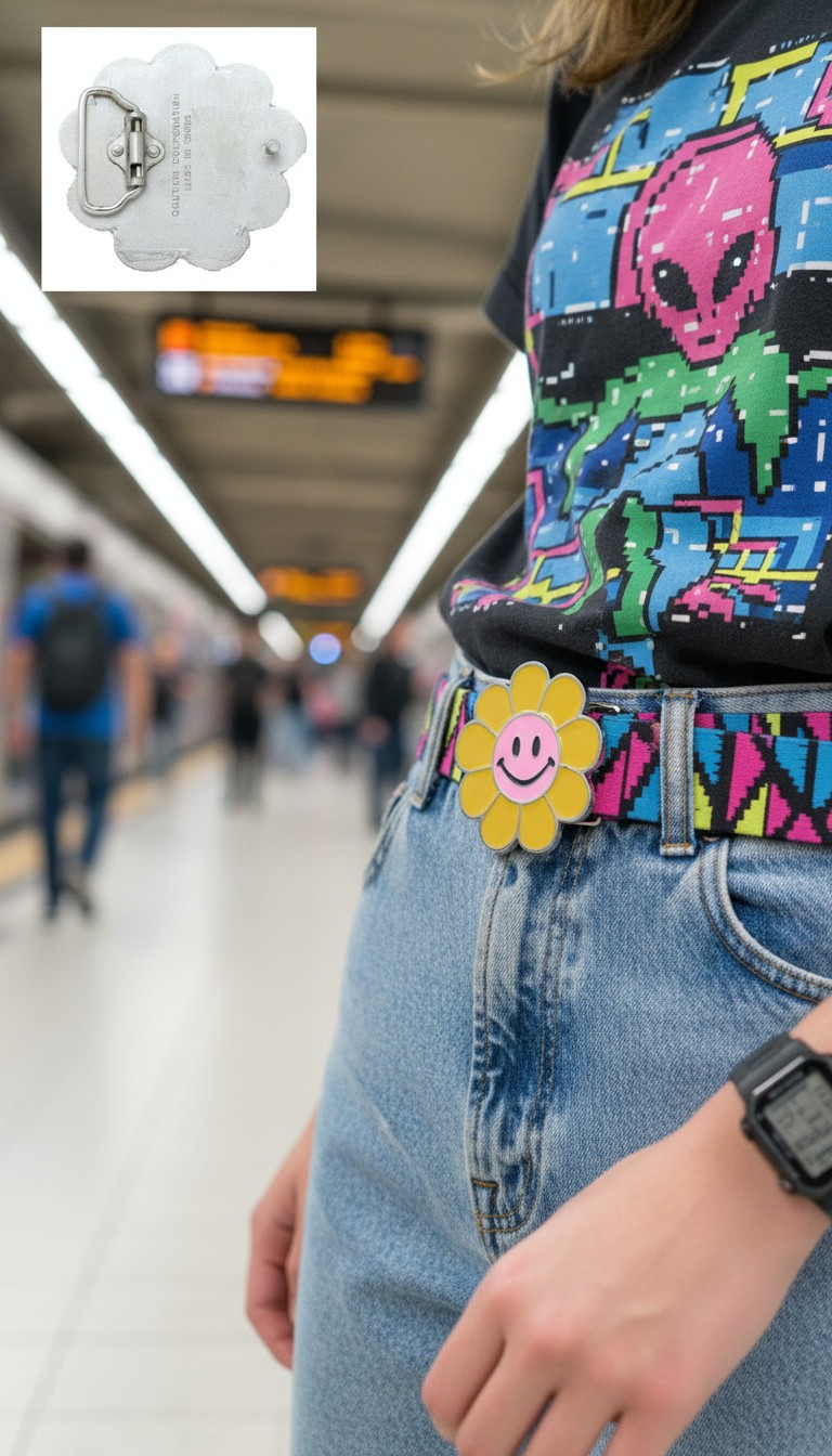 Unisex Buckle Teens Retro Yellow Flower Emoji Cartoon Smile Casual Jeans Pant