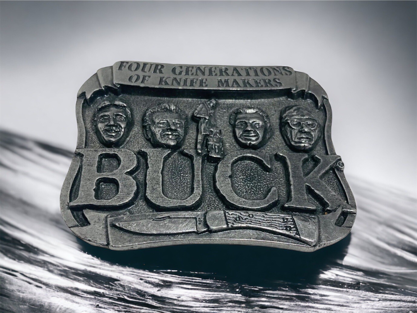 Vintage Pewter Embossed BUCK KNIVES Four Generations Knife Makers Belt Buckle