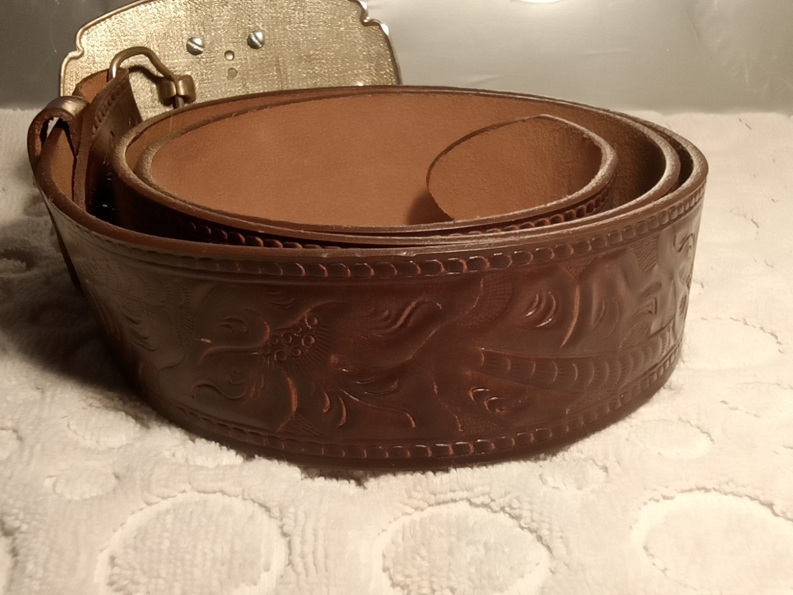Veterans Of Foreign Wars VFW Belt Buckle 1990s Leather Belt STEERHIDE 40 TOOLED