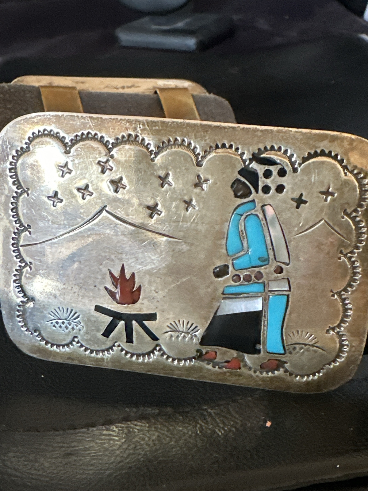 Turquoise Onyx Zuni Sterling Silver Sun Face Inlay Old Pawn Belt 40&Prime; 17406