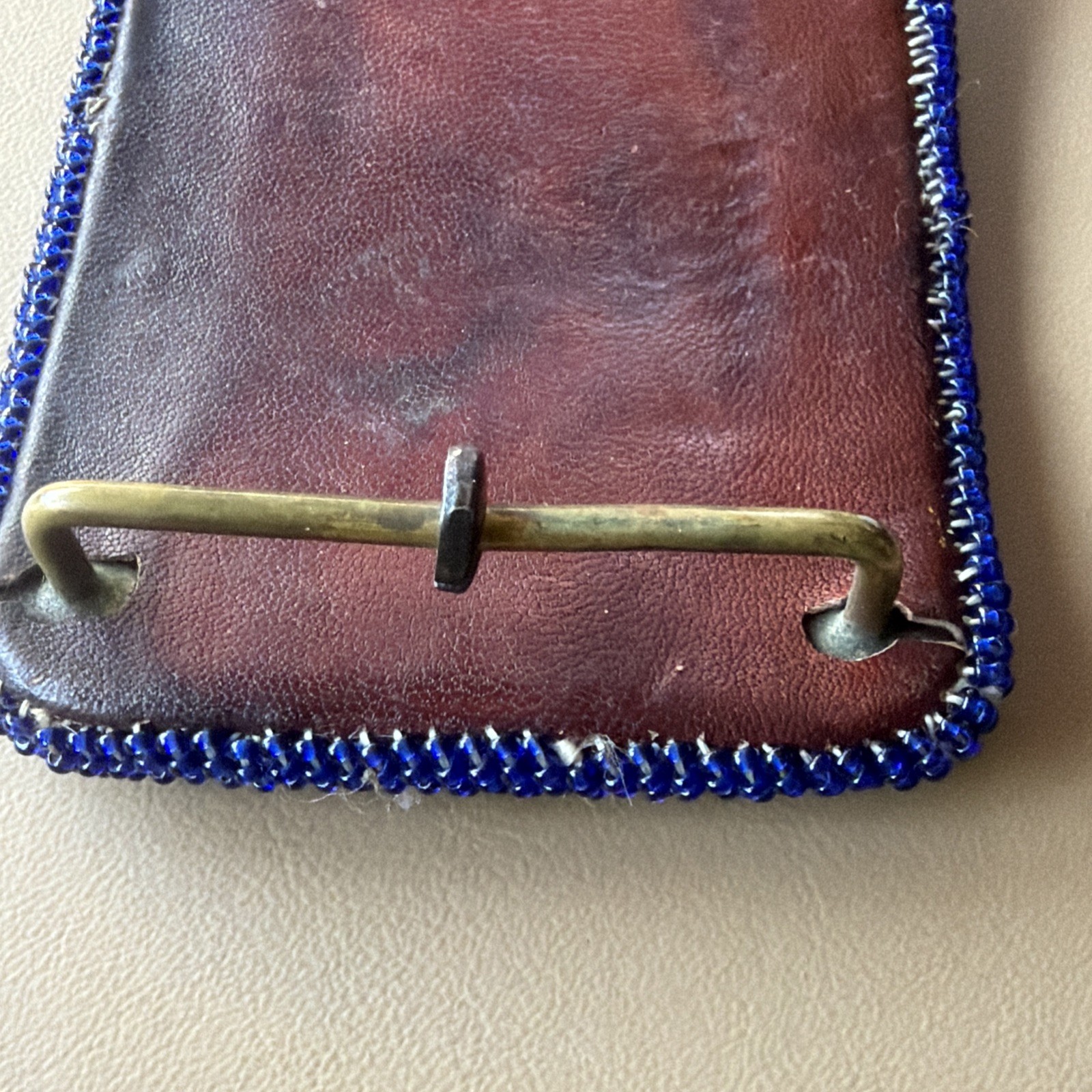 Vintage Hand Made Native American Tribal Leather Back Seed Bead Belt Buckle