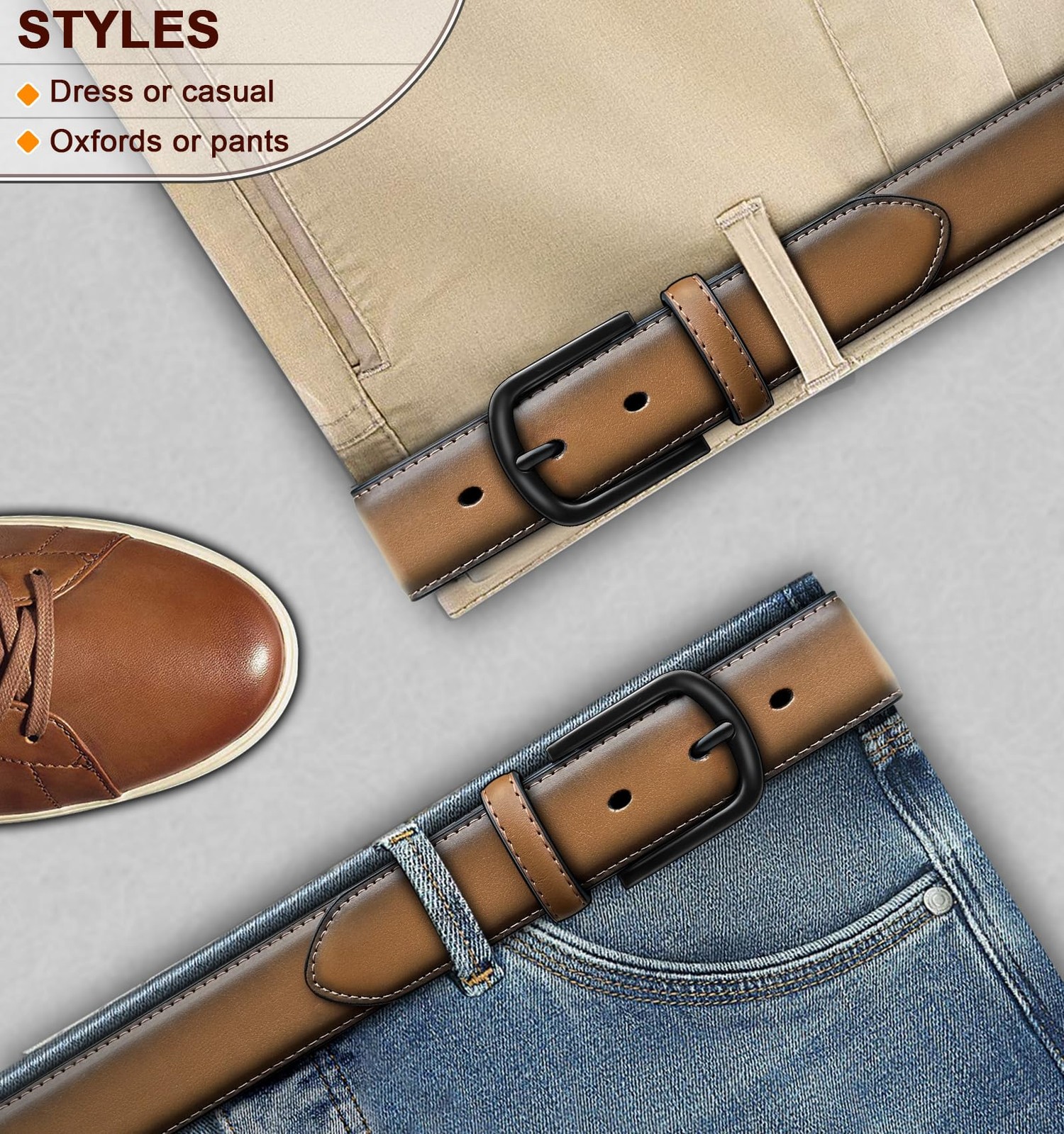 BULLIANT Men Belt-Leather Belt 7 Holes 38&Prime;-40&Prime;Waist Adjustable, Tawny4703