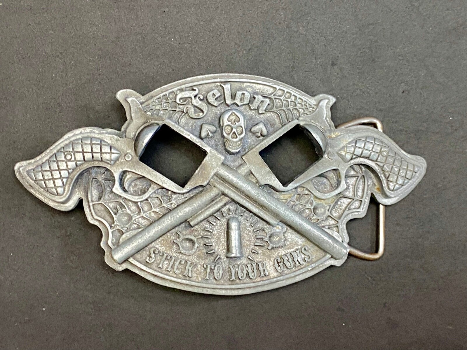 Stick To Your Guns Missing The Rotating Revolvers Felon Belt Buckle Tattoo Style
