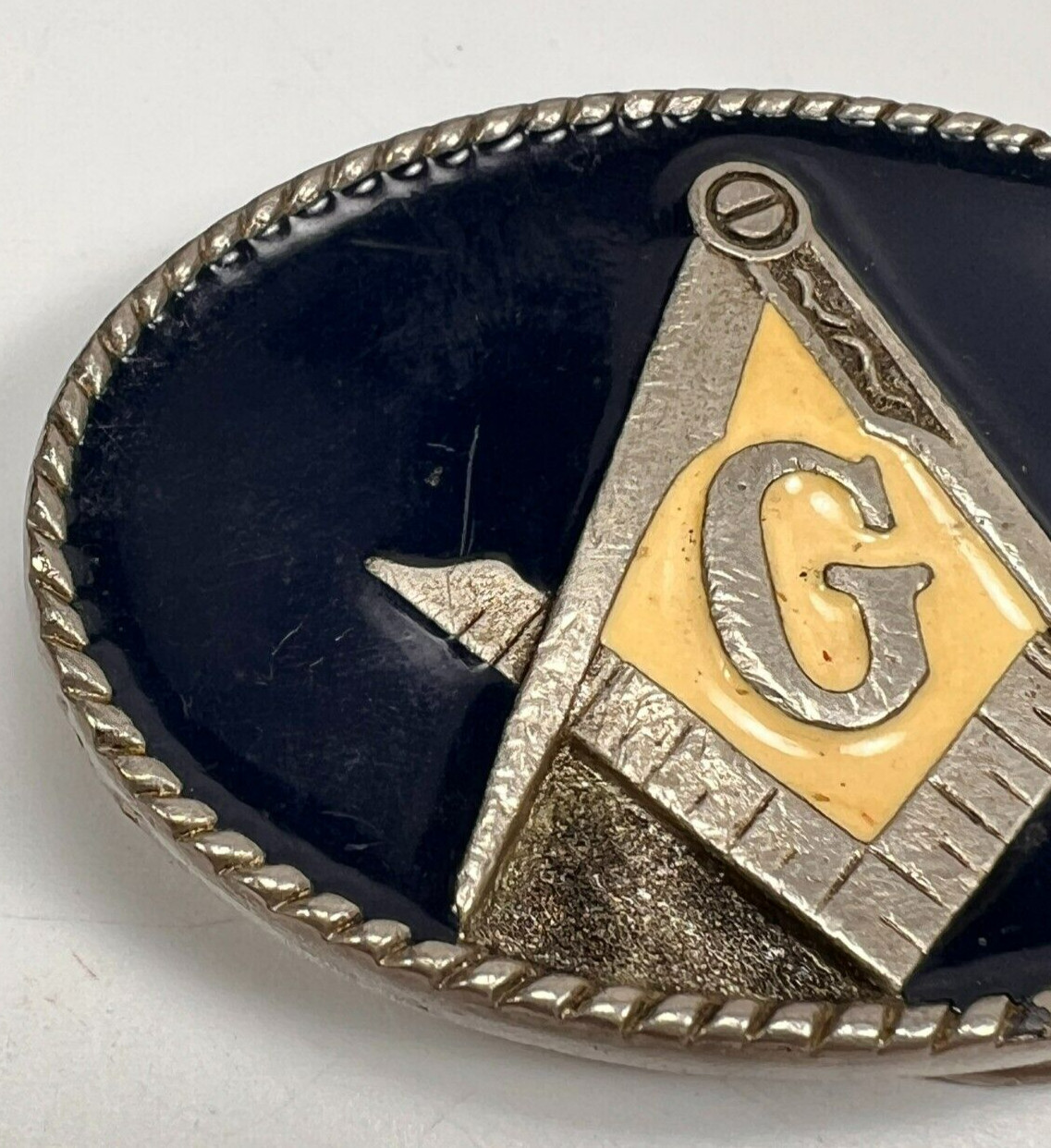 Masonic Freemason Belt Buckle Blue and Cream Enamel Rope Border