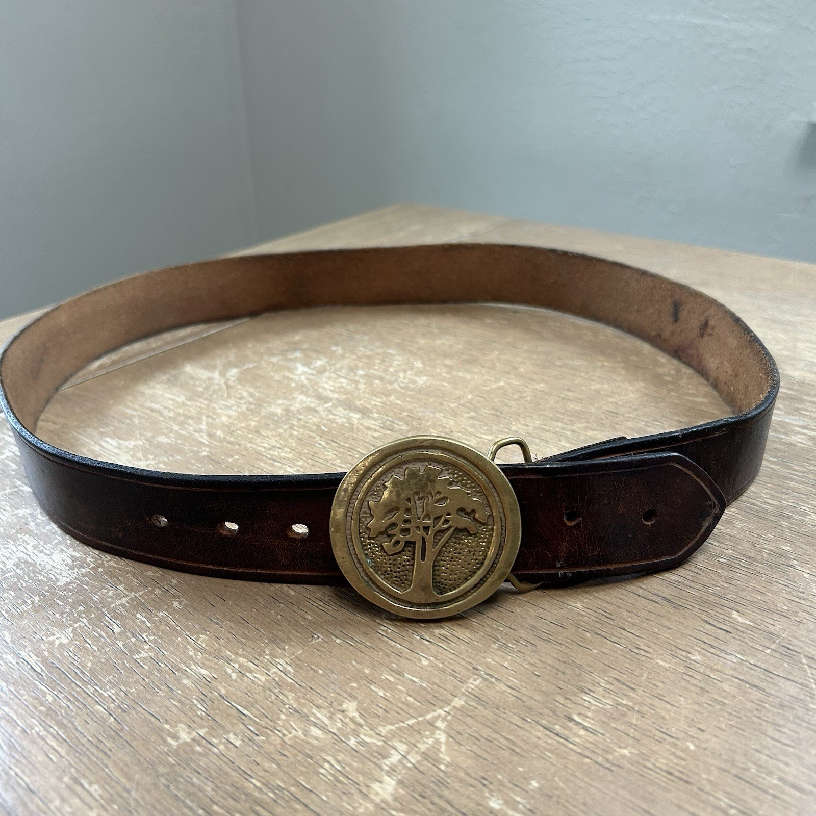 Brass BTS Big Tree Belt Buckle w/Brown Leather Western Hippie Boho Belt Size 38