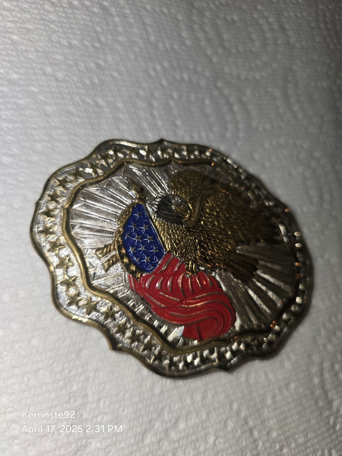 VTG Crumrine American Eagle Flag Belt Buckle Heavy Silver Plate/Bronze USA Shiny
