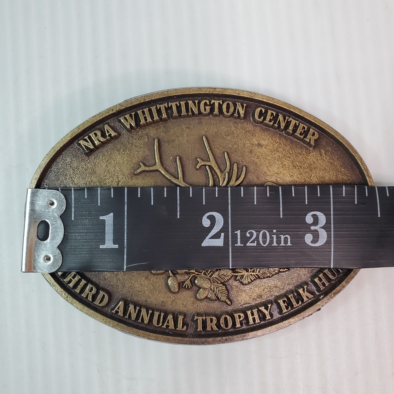 NRA 3rd Annual Trophy Elk Hunt Whittington Center Belt Buckle 3.5×2.5&Prime; VTG