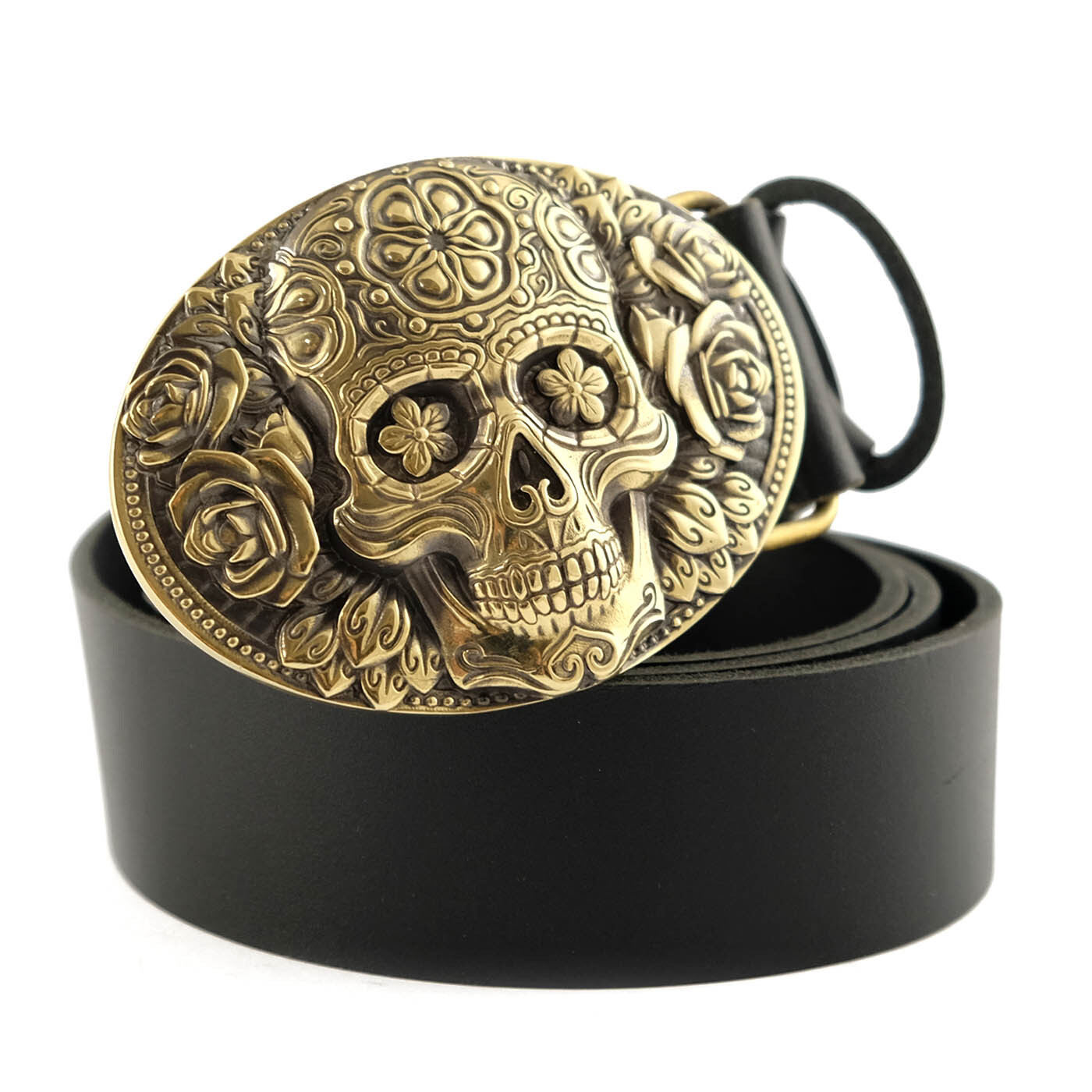 Santa Muerte belt buckle, solid brass Skull El Día de Muertos