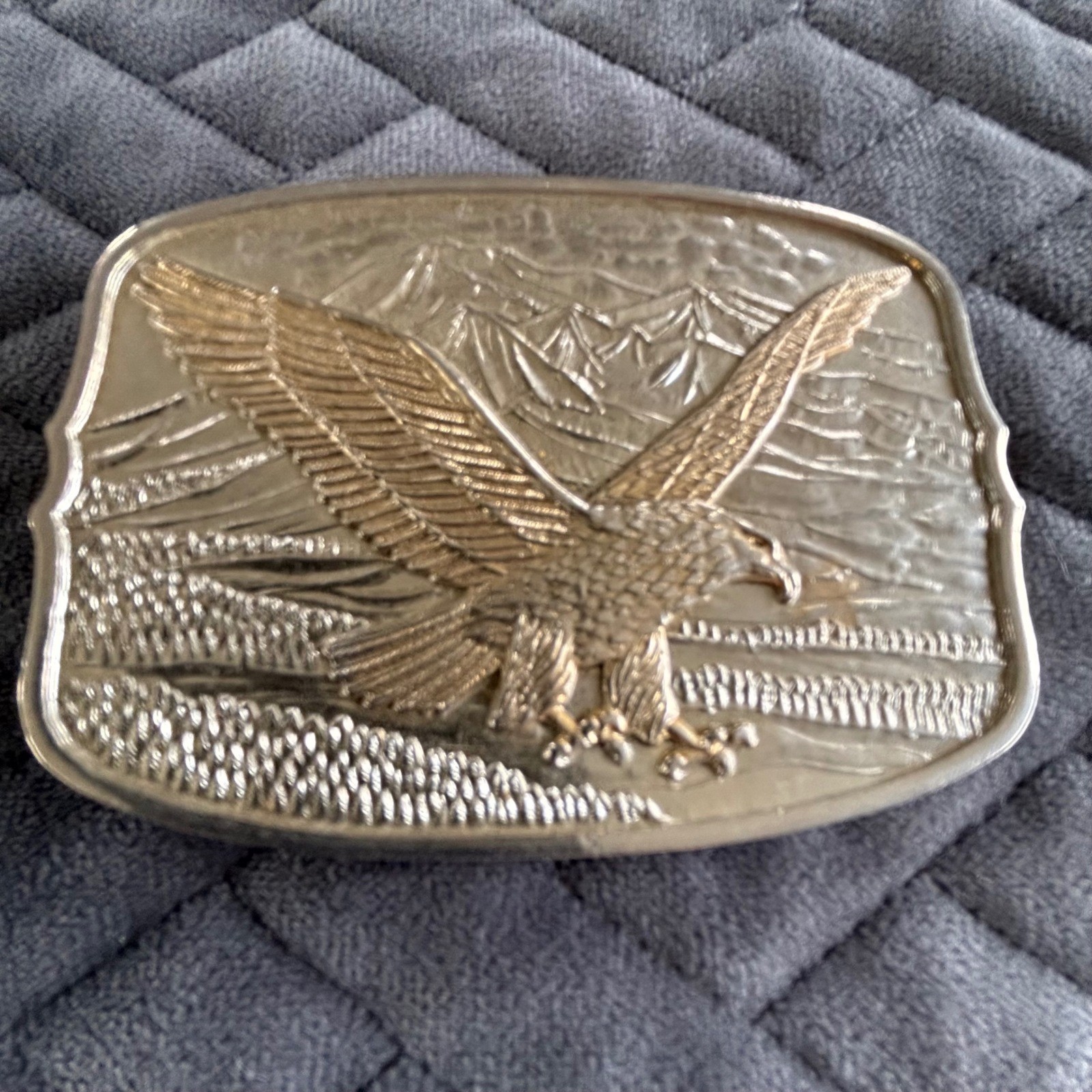 Vintage Eagle Mountain Scene Belt Buckle Gold Tone Western Americana #161404