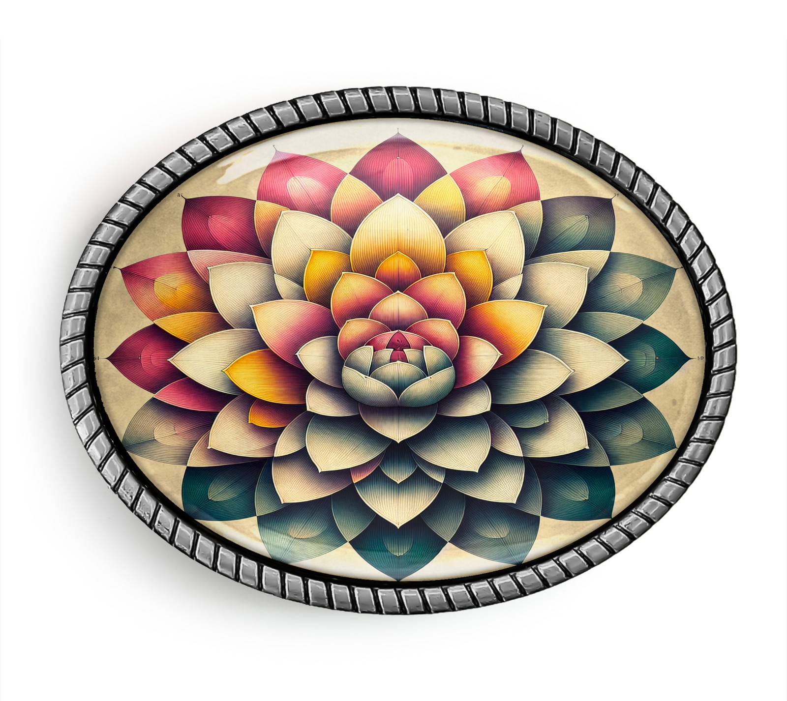 Boho Flower Belt Buckle – Colorful Vintage Floral Art, Silver Gold, Oval Buckle
